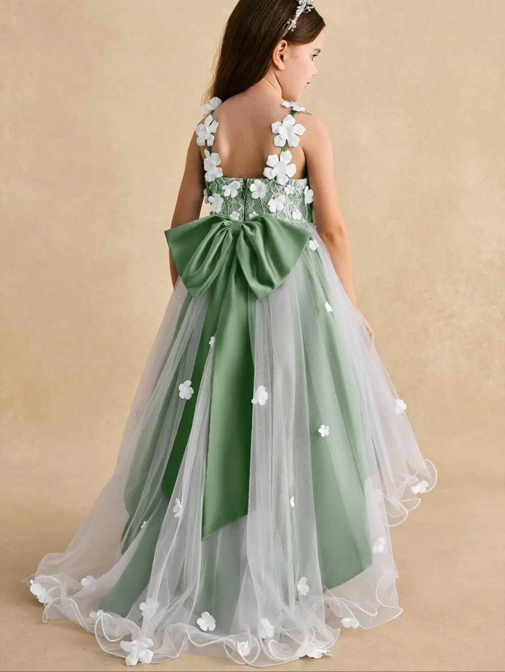 Azazie Celia Flowergirl Dress Eucalyptus Green White Lace 3D Flowers Train 14 - Picture 3 of 16